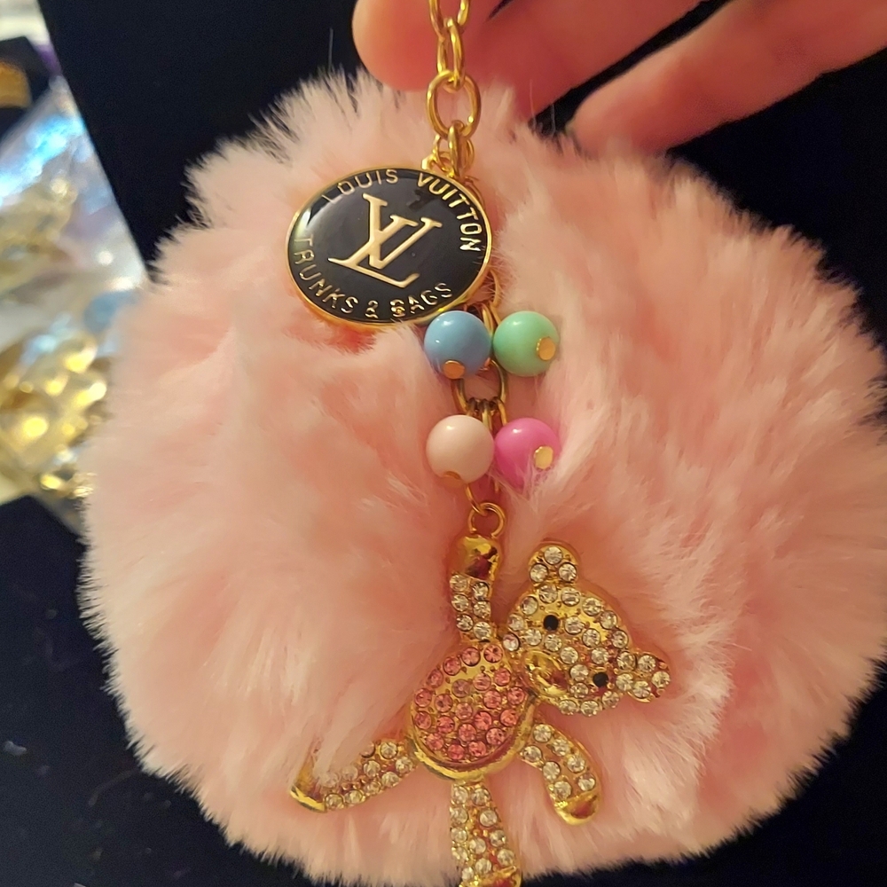 Upcycled LV Pink Pom Pom Fur Rhinestone Keychain Bag Charm Teddy Bear Balloons